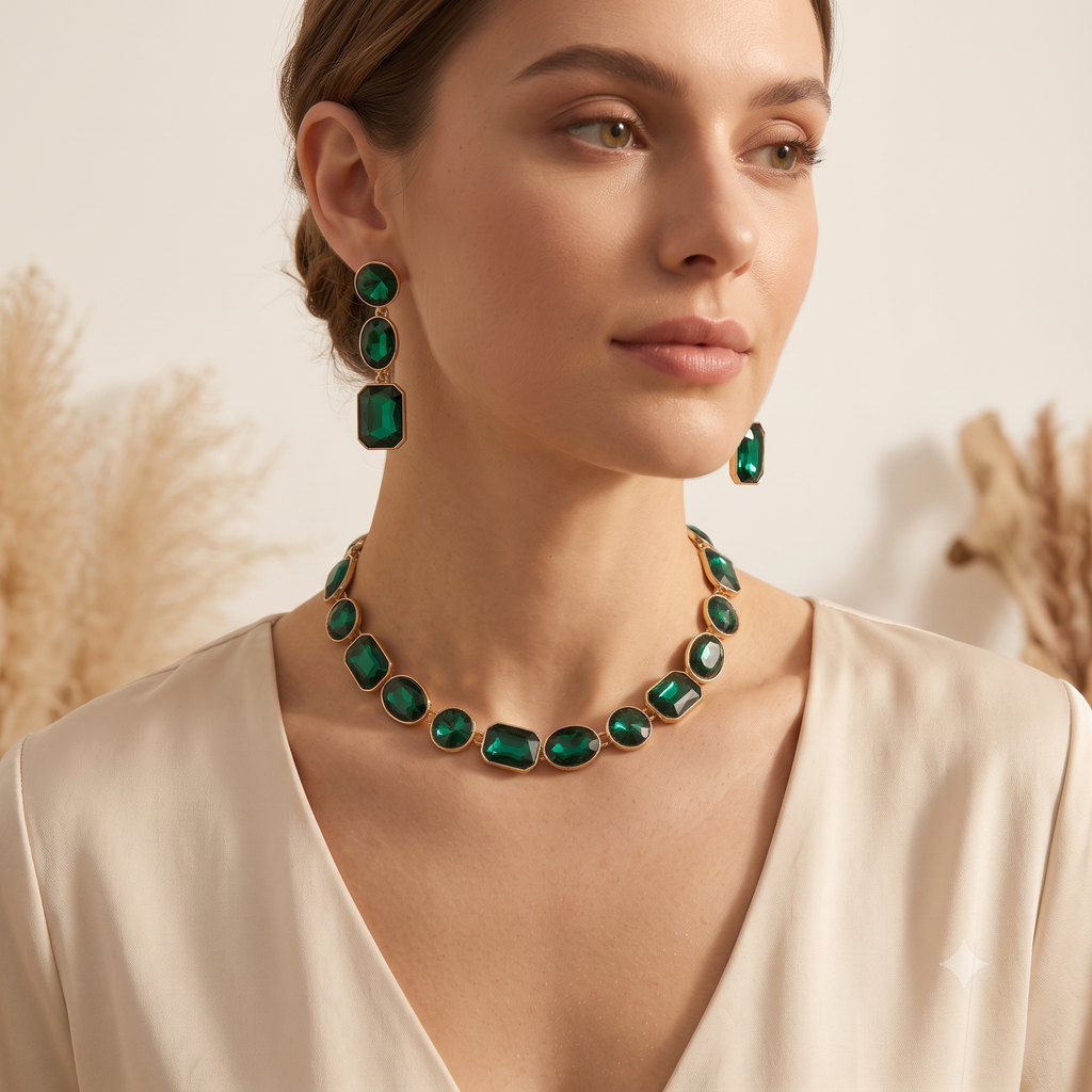 Shiny Crystal Necklace Set – Bold Emerald Glamour